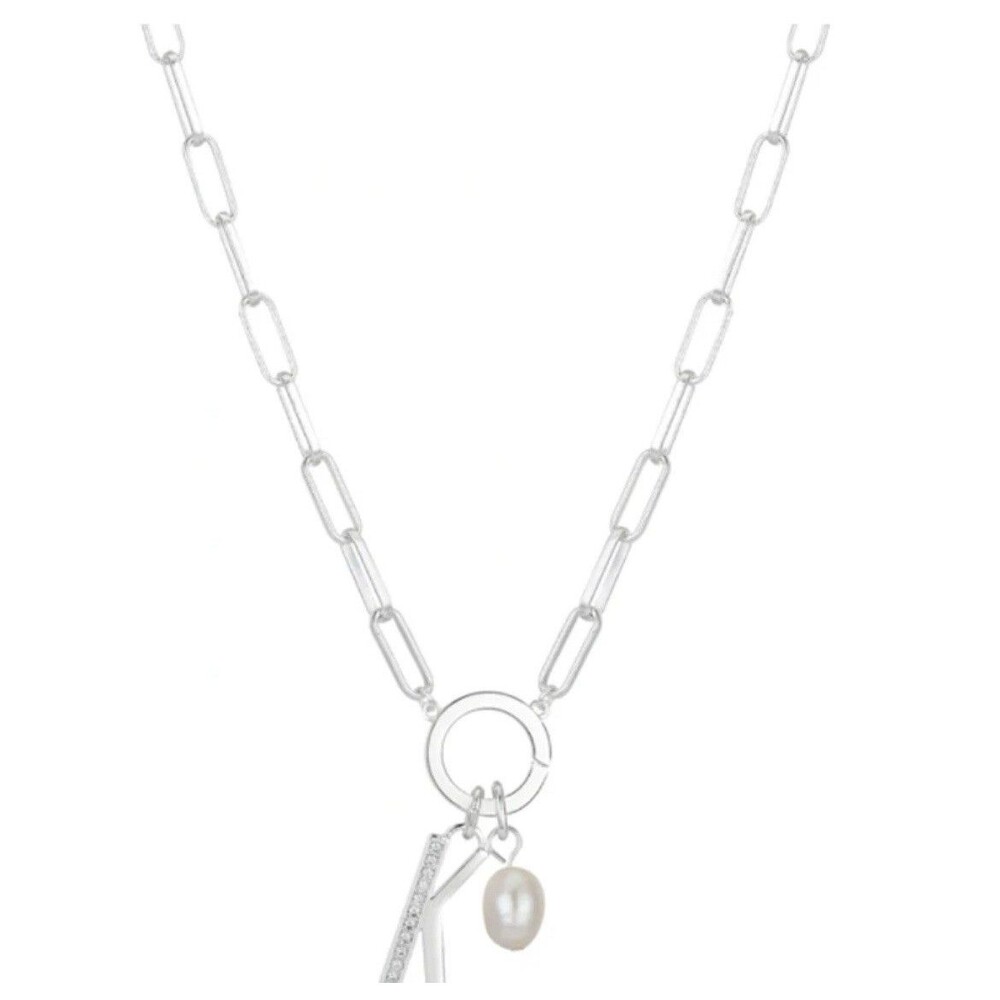 Unwritten Cubic Zirconia Initial Y  Freshwater Pearl 18" Silver Plate Necklace